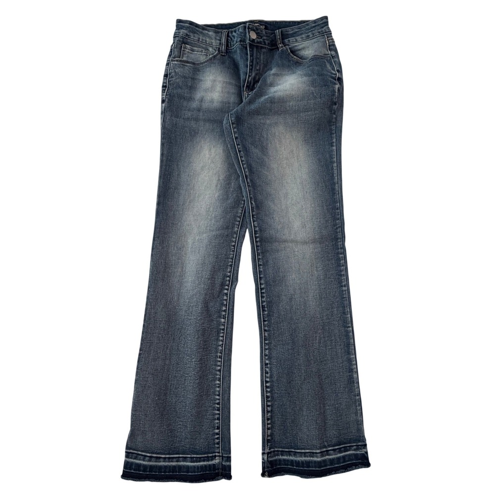 Flamingals Womens Medium Wash Raw Hem Flare Jeans Blue Stretch Sz Small 213680XH